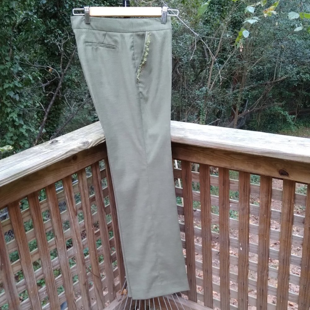 Etcetera Forest Green Straight Leg Trousers Distressed Pocket Border Detail Sz 8